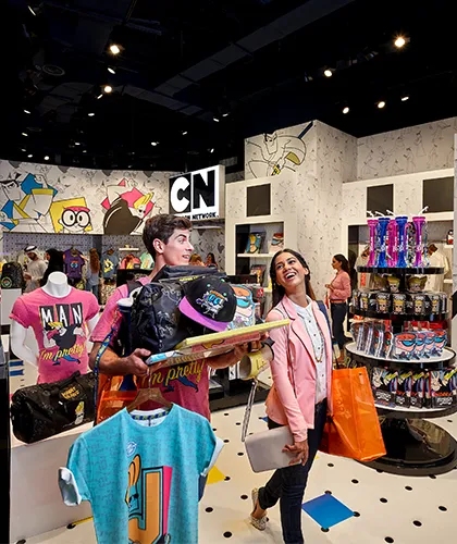 Man and woman shopping at Cartoon Network Zone, IMG Worlds of Adventure Dubai