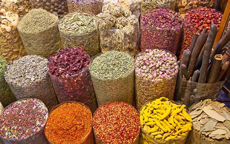 Colorful spices on the traditional arabian souk (market) in Dubai