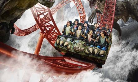 Guests screaming with joy on the Predator roller coaster at IMG Worlds of Adventure.