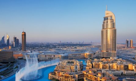 Downtown Dubai skyline with the Dubai Fountain, showcasing a stunning view of the UAE's modern architecture and water show.