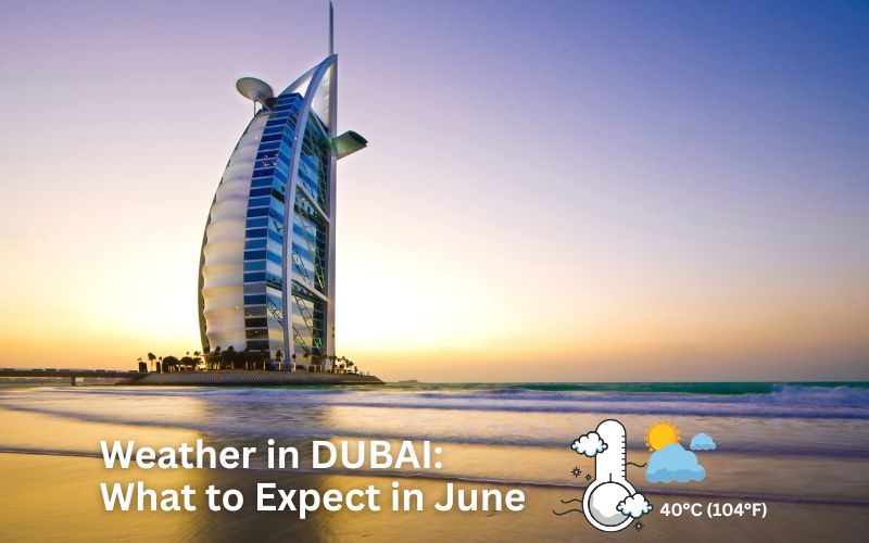 Dubai beach with Burj Al Arab Hotel on a hot June day, 40°C weather