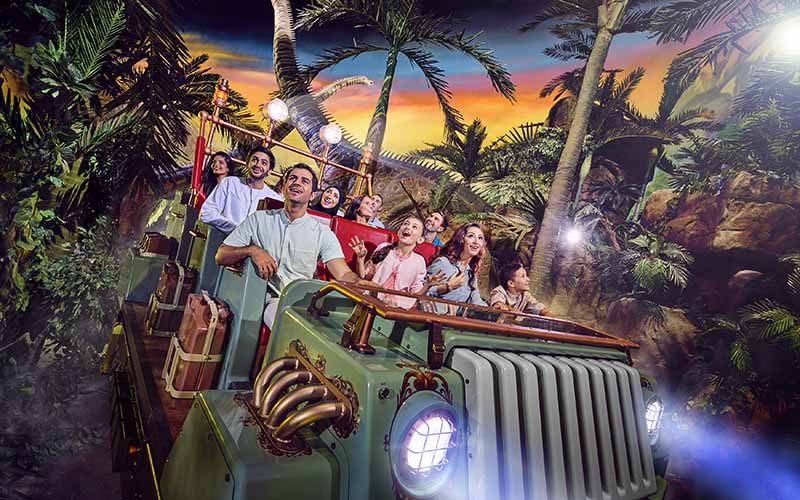 Forbidden Territory at IMG Worlds of Adventure Families exploring the Forbidden Territory at IMG Worlds Dubai, surrounded by lifelike dinosaur encounters.